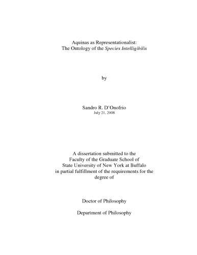 Aquinas As Representationalist The Ontology Of The Species Intelligibilis Sandro R Donofrio