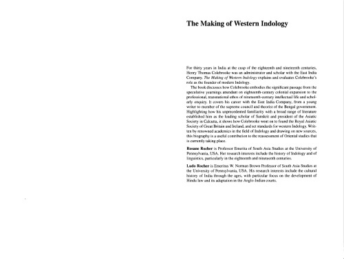 The Making Of Western Indology Henry Thomas Colebrooke And The East India Company Rosane Rocher And Ludo Rocher