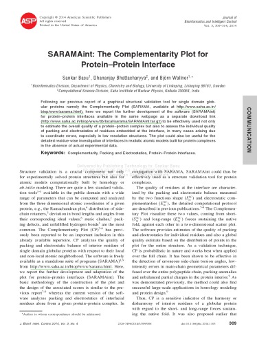 Saramaint The Complementarity Plot For Proteinprotein Interface Sankar Basu