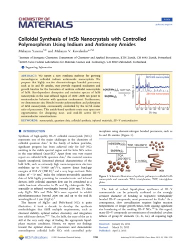 Colloidal Synthesis Of Insb Nanocrystals With Controlled Polymorphism Using Indium And Antimony Amides Maksym Yarema And Maksym V Kovalenko