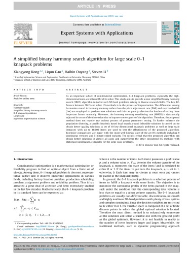A Simplified Binary Harmony Search Algorithm For Large Scale 01 Knapsack Problems Xiangyong Kong