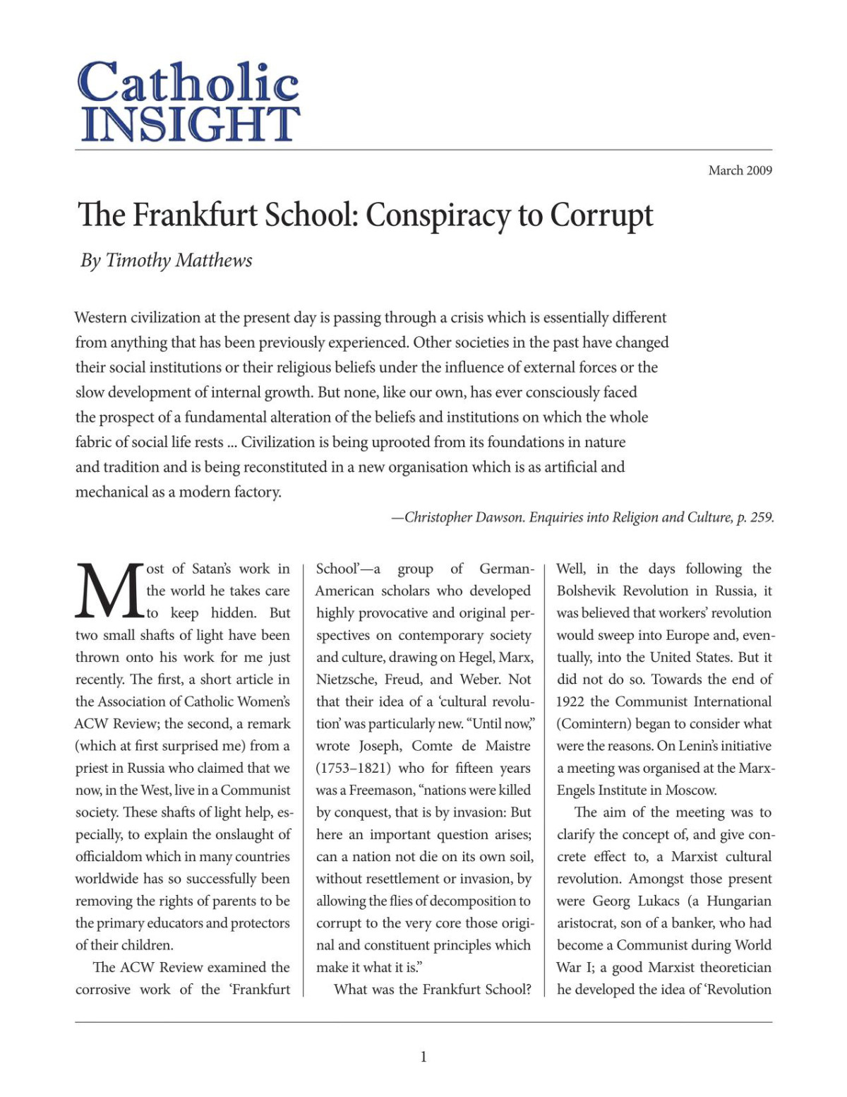 The Frankfurt School Conspiracy To Corrupt Timothy Matthews