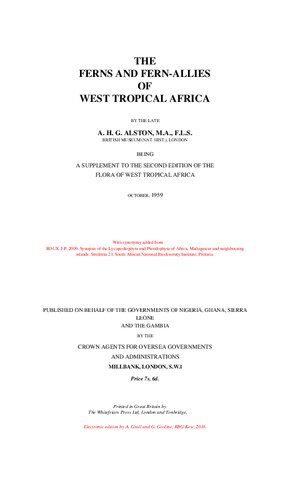 The Ferns And Fernallies Of West Tropical Africa Being A Supplement To The Second Edition Of The Flora Of West Tropical Africa 6th Edition Arthur Hugh Garfit Alston