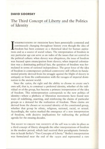 The Third Concept Of Liberty And The Politics Of Identity 68th Edition David Sidorsky
