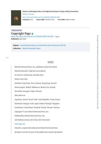 Readers And Reading Culture In The High Roman Empire A Study Of Elite Communities William A Johnson