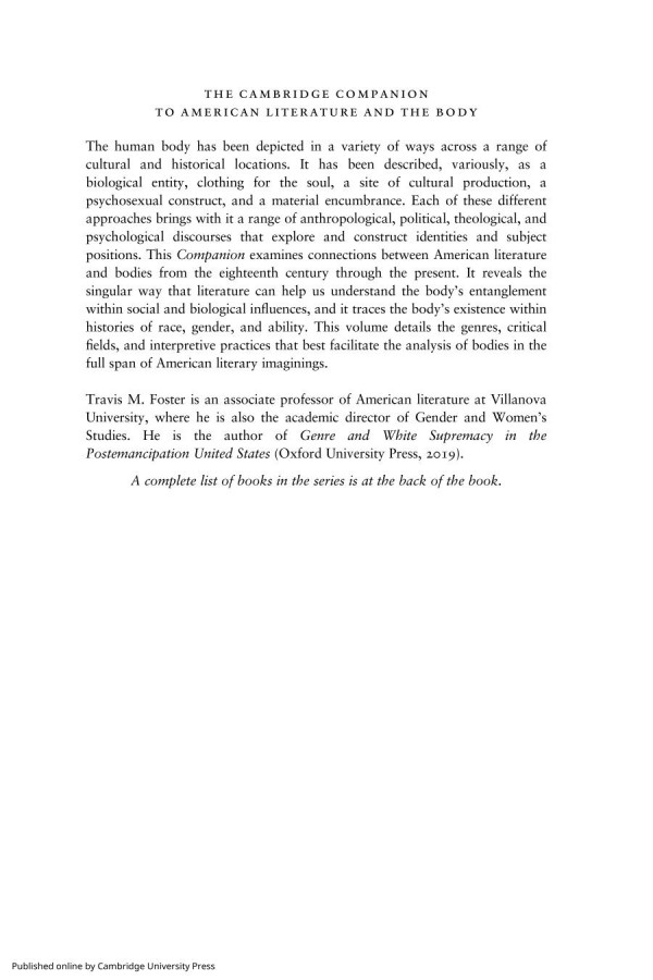 The Cambridge Companion To American Literature And The Body Travis M Foster
