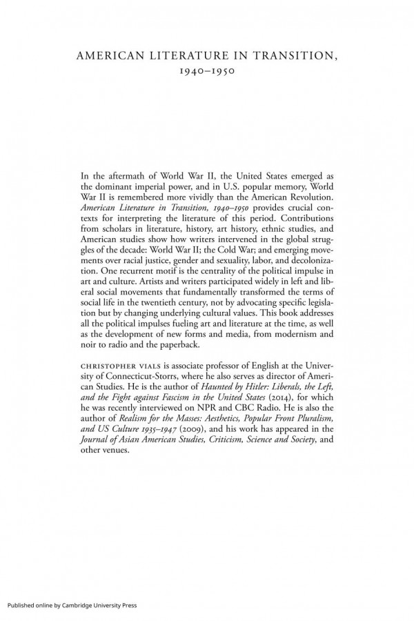 American Literature In Transition 19401950 Christopher Vials Editor