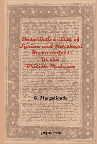 Descriptive List Of Syriac And Karshuni Manuscripts In The British Museum G Margoliouth