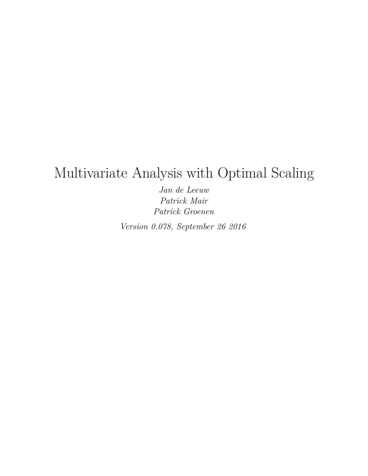 Multivariate Analysis With Optimal Scaling Gifi 0078 Jan De Leeuw Patrick Mair Patrick Groenen