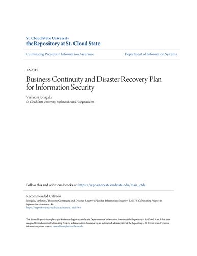 Business Continuity And Disaster Recovery Plan For Information Security Vyshnavi Devi Jorrigala