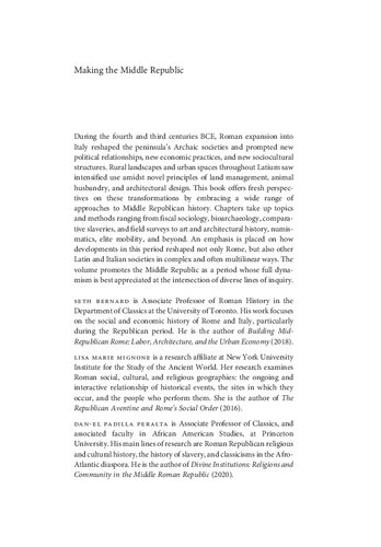 Making The Middle Republic New Approaches To Rome And Italy C400200 Bce Seth Bernard Editor