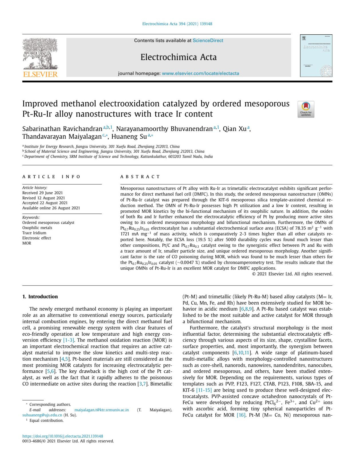Improved Methanol Electrooxidation Catalyzed By Ordered Mesoporous Ptruir Alloy Nanostructures With Trace Ir Content Sabarinathan Ravichandran Narayanamoorthy Bhuvanendran Qian Xu Thandavarayan Maiyalagan Huaneng Su