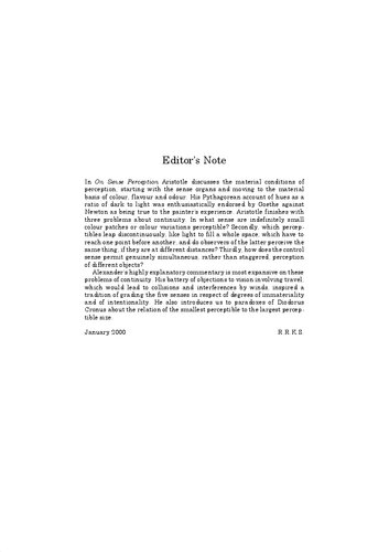 Alexander Of Aphrodisias On Aristotle On Sense Perception Alan Towey