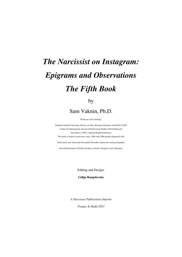 The Narcissist On Instagram Epigrams And Observations Fifth Book 1st Edition Sam Vaknin
