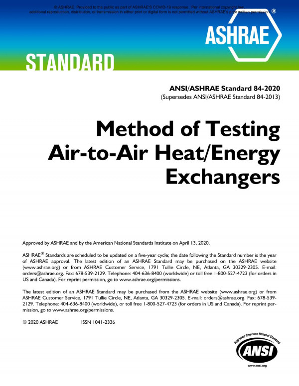 Ansiashrae Standard 842020 Method Of Testing Airtoair Heatenergy Exchangers Ashrae