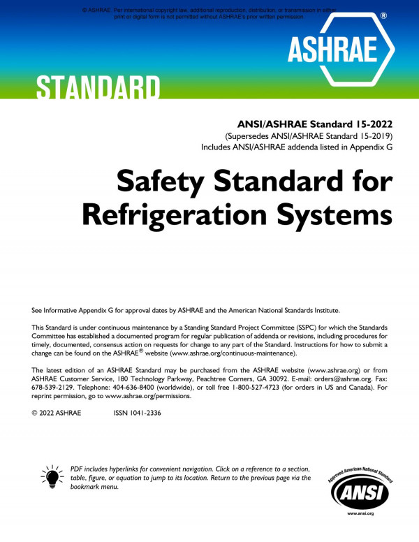 Ansiashrae Standard 152022 Safety Standard For Refrigeration Systems Ashrae