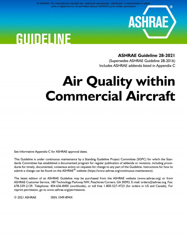 Ashrae Guideline 282021 Air Quality Within Commercial Aircraft Ashrae