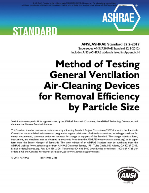 Ansiashrae Standard 5222017 Method Of Testing General Ventilation Aircleaning Devices For Removal Efficiency By Particle Size Ashrae