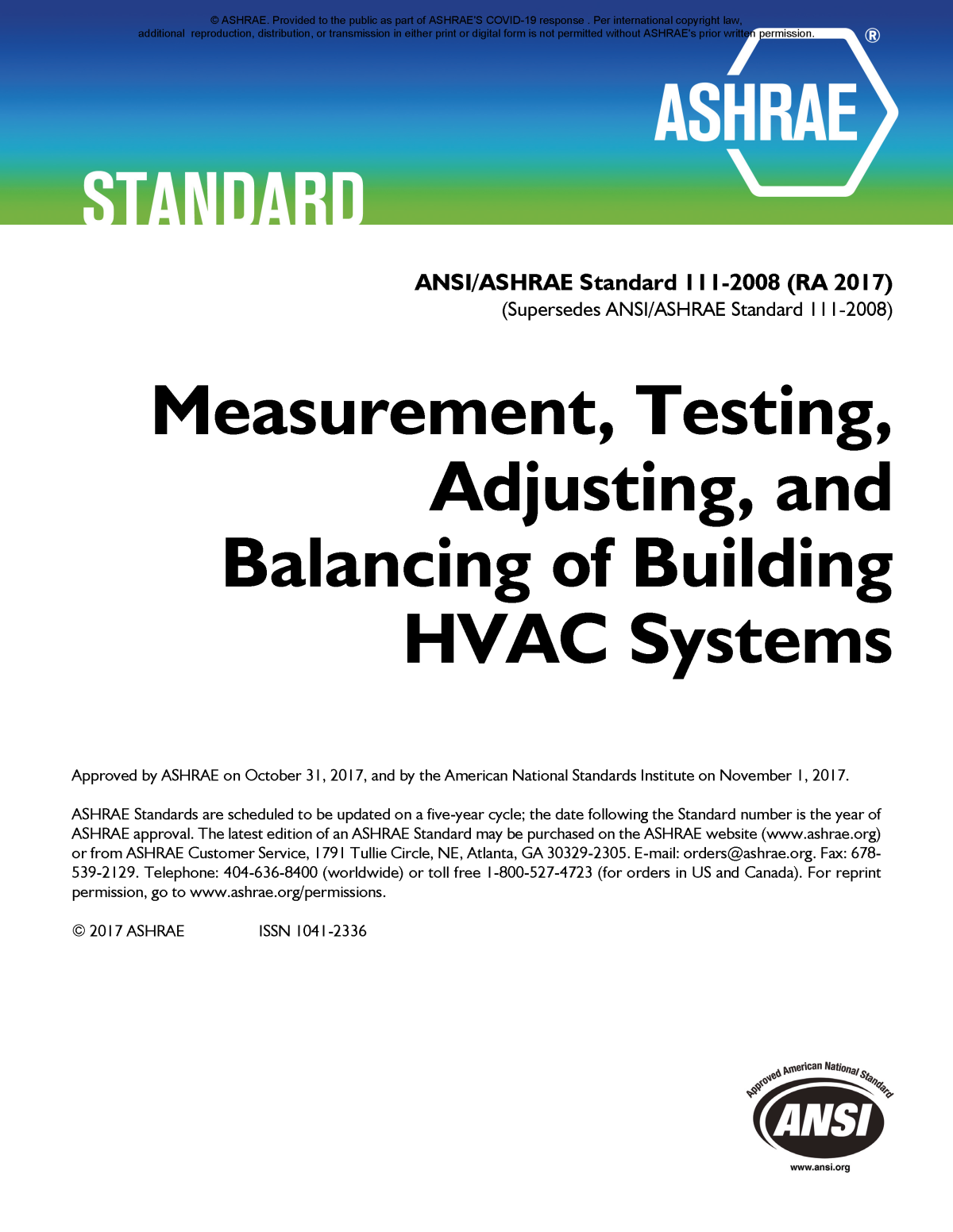 Ansiashrae Standard 1112008 Ra 2017 Measurement Testing Adjusting And Balancing Of Building Hvac Systems Ashrae