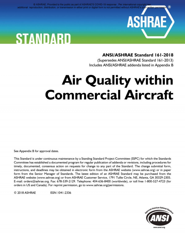 Ansiashrae Standard 1612018 Air Quality Within Commercial Aircraft Ashrae