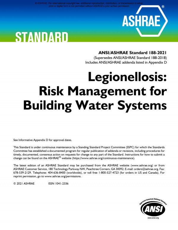 Ansiashrae Standard 1882021 Legionellosis Risk Management For Building Water Systems Ashrae