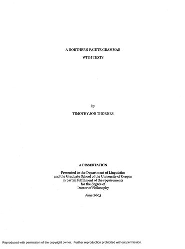 A Northern Paiute Grammar With Texts Timothy Jon Thornes