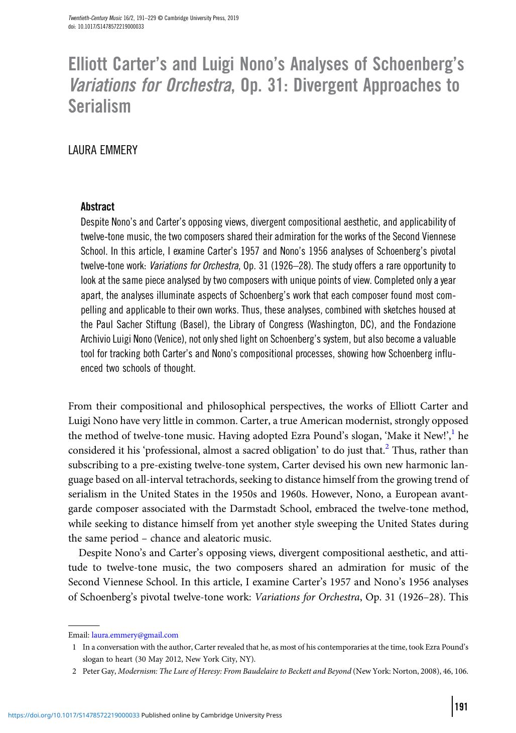 Elliott Carters And Luigi Nonos Analyses Of Schoenbergs Variations For Orchestra Op 31 Divergent Approaches To Serialism Laura Emmery