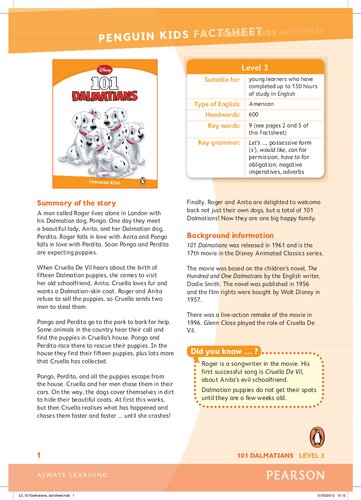 Penguin Kids 3 101 Dalmatians Reader Factsheet 1st Edition Marie Crook
