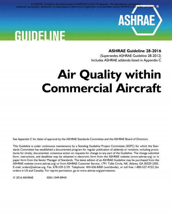 Ashrae Guideline 282016 Air Quality Within Commercial Aircraft Ashrae