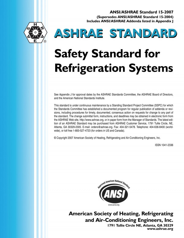 Ansiashrae Standard 152007 Safety Standard For Refrigeration Systems Ashrae