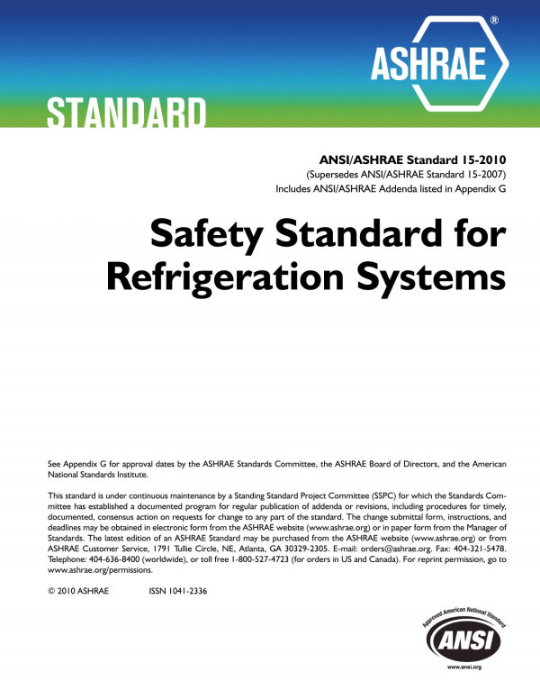 Ansiashrae Standard 152010 Safety Standard For Refrigeration Systems Ashrae