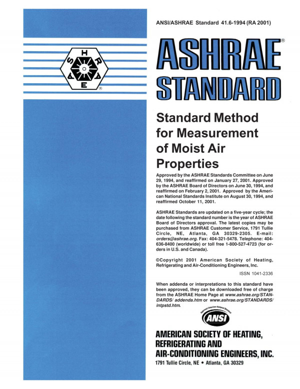 Ansiashrae Standard 4161994 Ra 2001 Standard Method For Measurement Of Moist Air Properties Ashrae