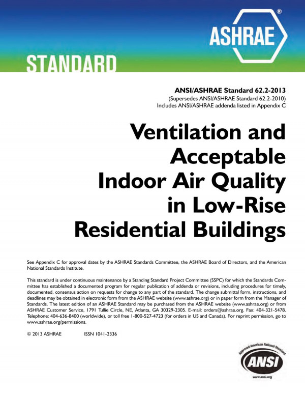 Ansiashrae Standard 6222013 Ventilation And Acceptable Indoor Air Quality In Lowrise Residential Buildings Ashrae