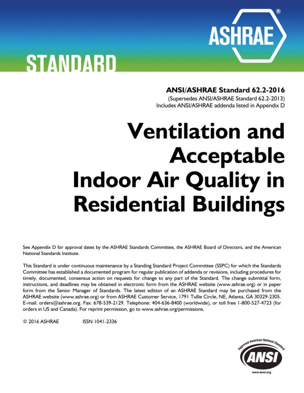 Ansiashrae Standard 6222016 Ventilation And Acceptable Indoor Air Quality In Residential Buildings Ashrae
