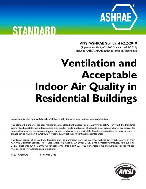 Ansiashrae Standard 6222019 Ventilation And Acceptable Indoor Air Quality In Residential Buildings Ashrae
