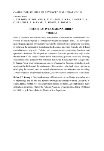 Enumerative Combinatorics Volume 2 Second Edition 2nd Edition Richard P Stanley Sergey Fomin Contributor Appendix