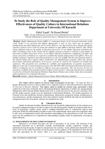 To Study The Role Of Quality Management System To Improve Effectiveness Of Quality Culture In International Relations Department At University Of Karachi Eissn 2278487x Zahid Yaqub Dr Kamal Haider