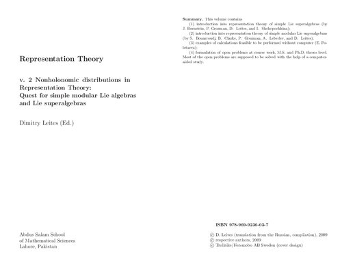 Representation Theory Vol 2 Nonholonomic Distributions In Representation Theory Quest For Simple Modular Lie Algebras And Lie Superalgebras 1st Edition Dimitry Leites Ed