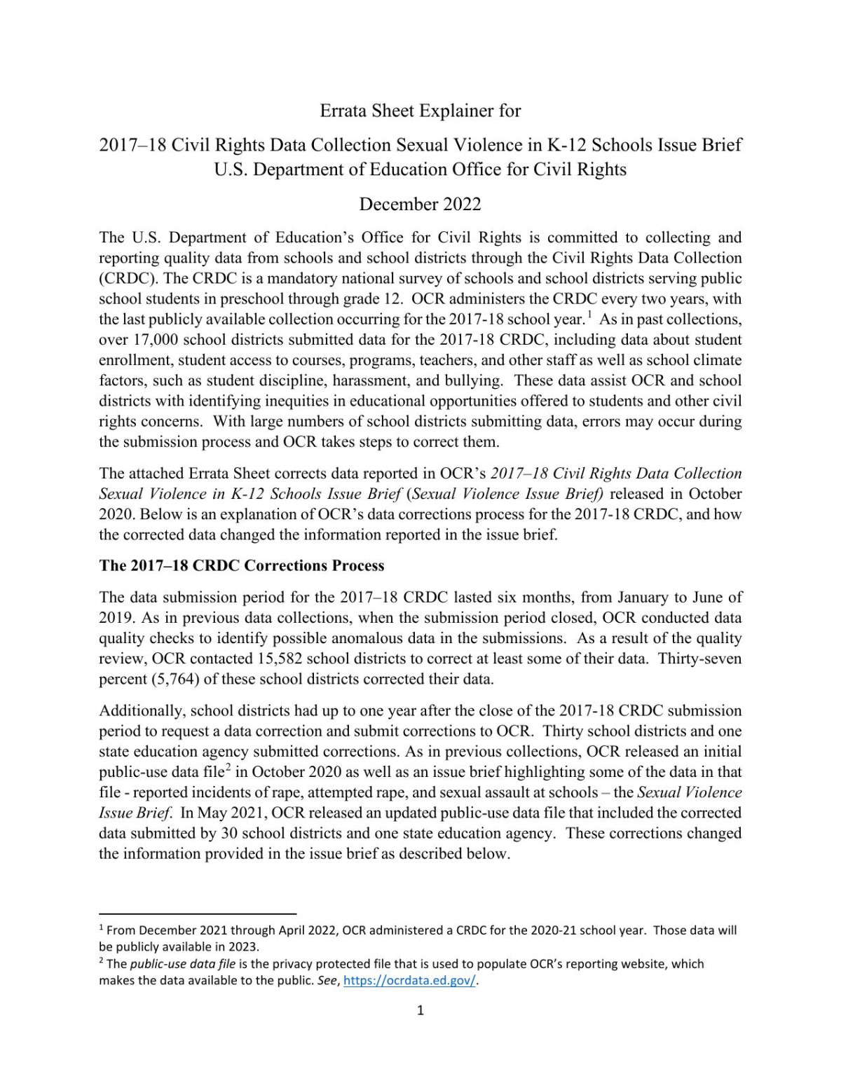 Errata Sheet Explainer For Civil Rights Data Collection 1718 Sexual Violence In K12 Schools United States Department Of Education