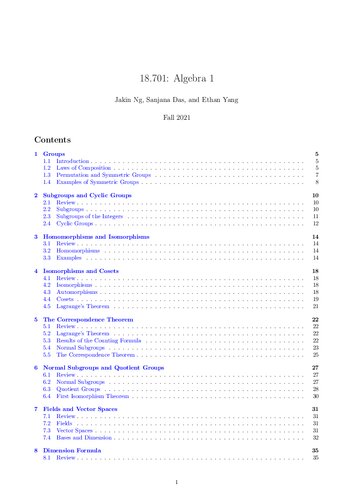 Algebra I Lecture Notes Prof Michael Artin