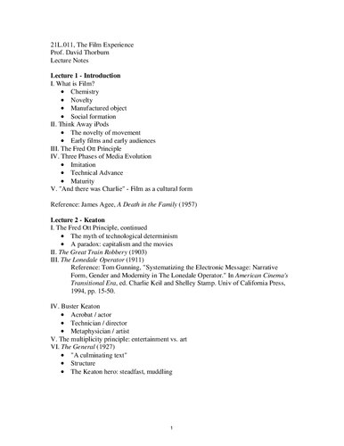 The Film Experience Lecture Notes Prof David Thorburn