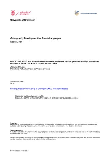 Orthography Development For Creole Languages Kendall Don Decker