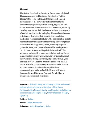 The Oxford Handbook Of Classics In Contemporary Political Theory Online Jacob T Levy Ed