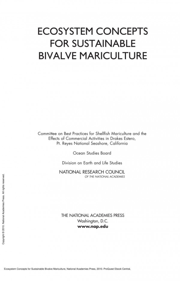 Ecosystem Concepts For Sustainable Bivalve Mariculture 1st Edition National Research Council Division On Earth And Life Studies Ocean Studies Board California Pt Reyes National Seashore Committee On Best Practices For Shellfish Mariculture And The Effects Of Commercial Activities In Drakes Estero