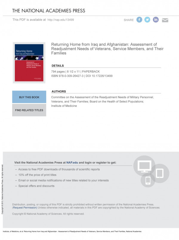 Returning Home From Iraq And Afghanistan Assessment Of Readjustment Needs Of Veterans Service Members And Their Families 1st Edition Institute Of Medicine Board On The Health Of Select Populations And Their Families Veterans Committee On The Assessment Of Readjustment Needs Of Military Personnel