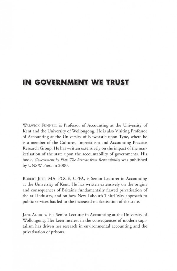 In Government We Trust Marketfailure And The Delusions Of Privatisation 1st Edition Warwick Funnell Jane Andrew Rober Jupe