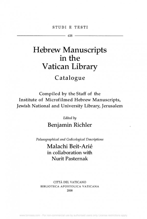 Hebrew Manuscripts In The Vatican Library Catalogue Ediz Inglese Ed Ebraico Malachi Beitarie