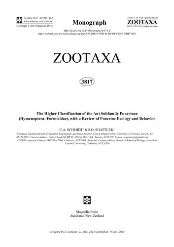 The Higher Classification Of The Ant Subfamily Ponerinae Hymenoptera Formicidae With A Review Of Ponerine Ecology And Behavior 1st Edition Ca Schmidt