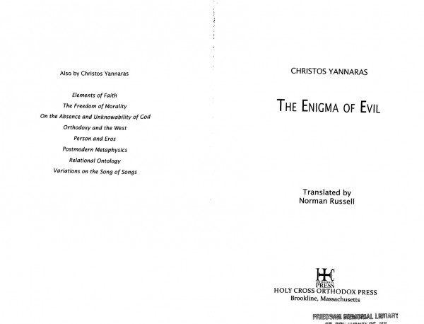 The Enigma Of Evil Christos Yannaras