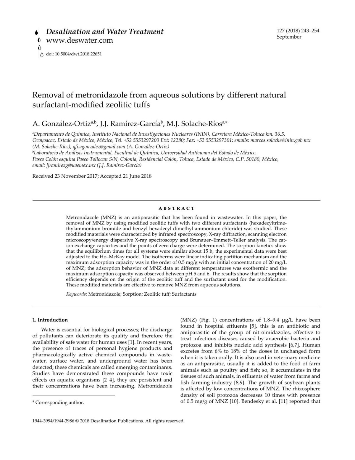 Removal Of Metronidazole From Aqueos Solutions By Different Natural Surfactantmodified Zeolitic Tuffs A Gonzlezortiz Jj Ramrezgarca Mj Solacheros